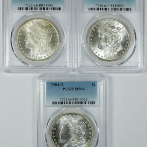 1885-O, 1886 & 1904-O Morgan Silver Dollar Set - PCGS MS 64